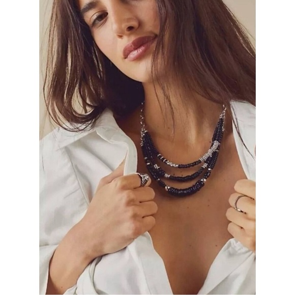 Free People Oceanfront Layered Necklace in Black NWT Bohemian Beach Beaded - Picture 1 of 13